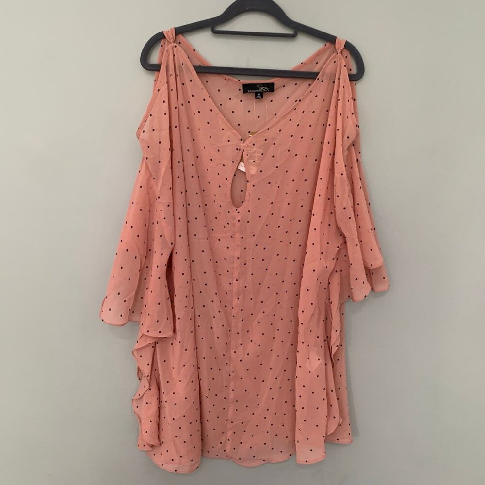 NEW Suzanne Betro‎ Cold Shoulder Blouse Womens 4X Pink Polka Dot Ruffle Keyhole
